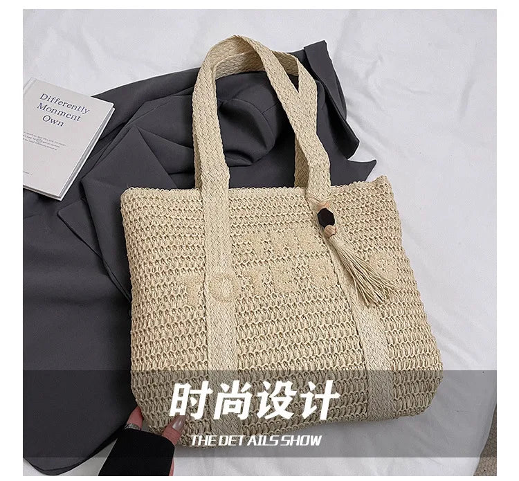 French Style Large Capacity Woven Straw Shoulder Bag For Women Beach Vacation