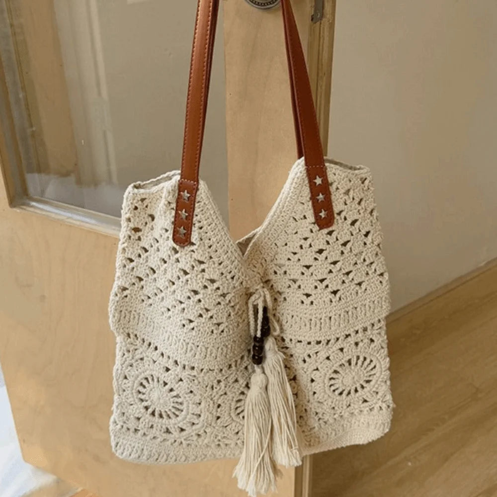 Bohemian Crochet Tote Bag Large Capacity Boho Weave Ethnic Beach Style Bag