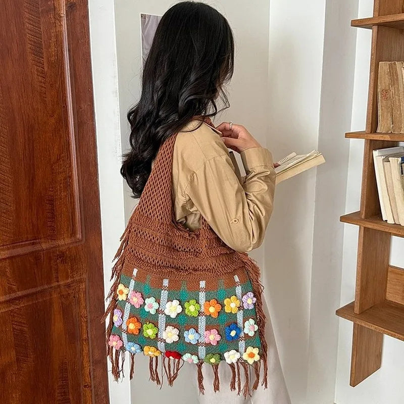 Women's Large Crochet Shoulder Tote Bag For Casual Daily Use School Commute
