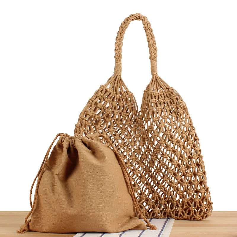 Sac à bandoulière en crochet ajouré avec poche intérieure pour femme, sac fourre-tout de couleur unie