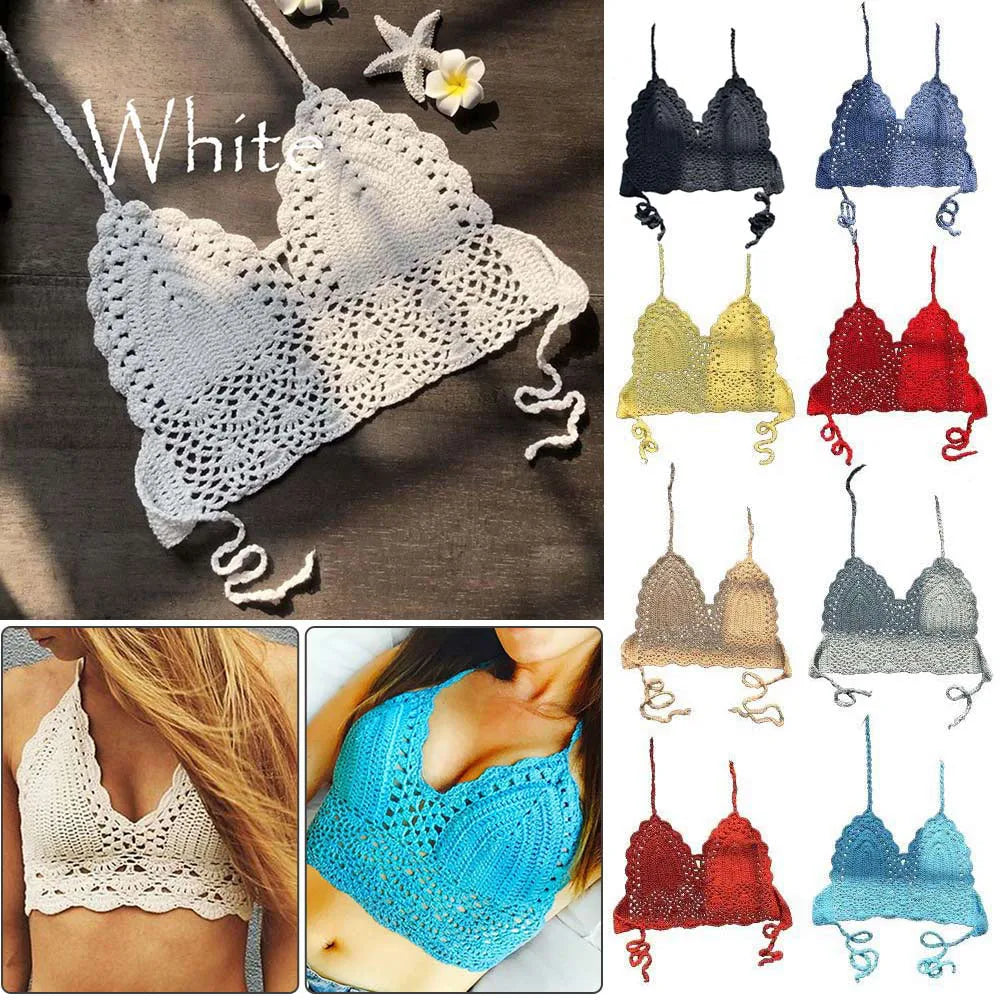 Halter Neck Crochet Crop Top Knit Bralette Backless Bikini Boho Beachwear