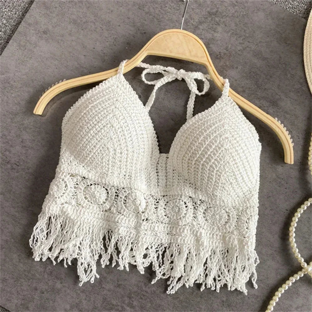 Haut court sexy en tricot avec pompons ajourés pour femmes, haut de plage estival
