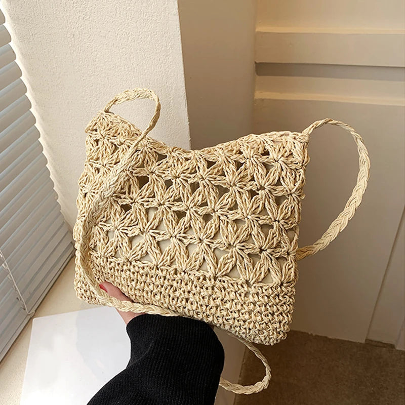 Women Beach Woven Straw Shoulder Messenger Bag Boho Crossbody Macrame Purse