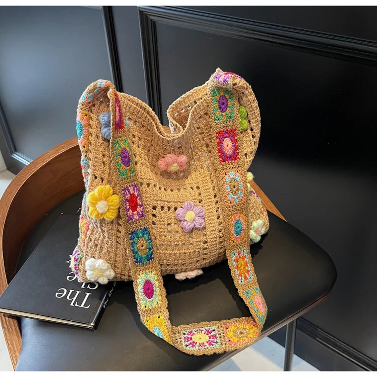 Knitted Tote Bag For Women Handmade Crochet Shoulder Beach Bag Capacity Travel