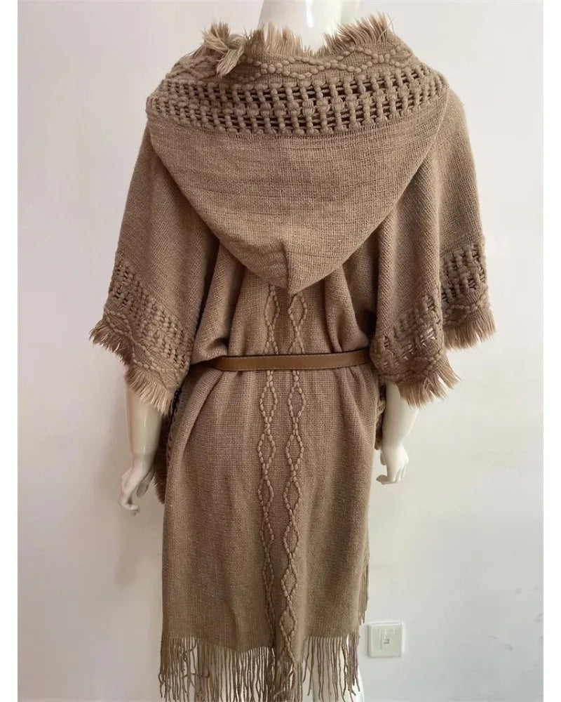 Hooded Crochet Cloak Poncho Shawl Boho Chic Knit Wrap For Women