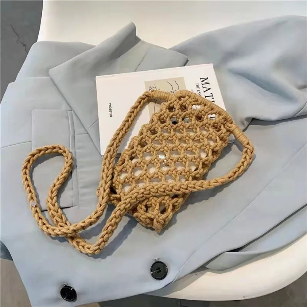 Hollow Out Woven Crochet Crossbody Phone Bag Women Lightweight Shoulder Bag