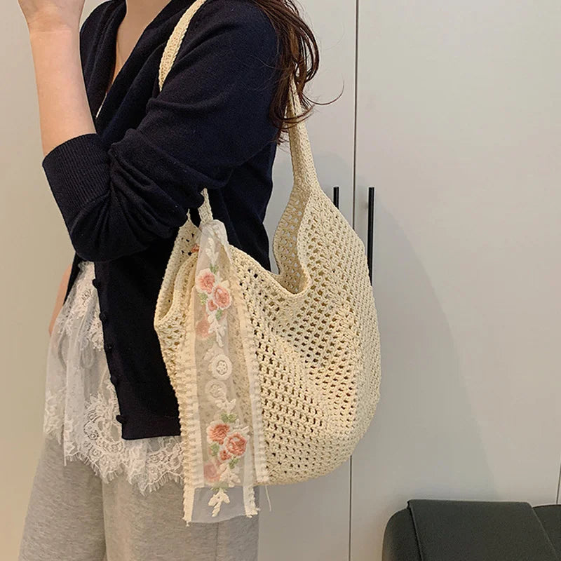 Summer Lace Bow Tote Bag For Women Raffia Rattan Crochet Shoulder Bag 2025