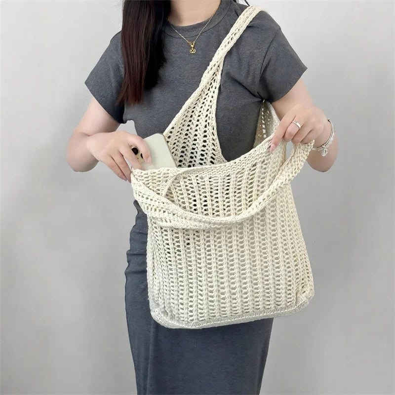 Sac à bandoulière fourre-tout en crochet de couleur unie Yogodlns, sac à main bohème tissé