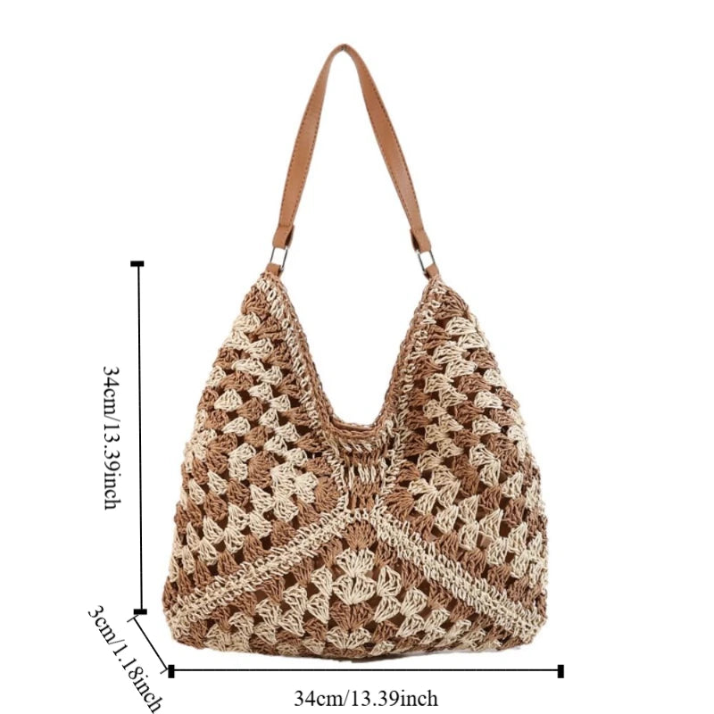 Summer Straw Crochet Bag For Women Beach Shoulder Tote Vacation Bag