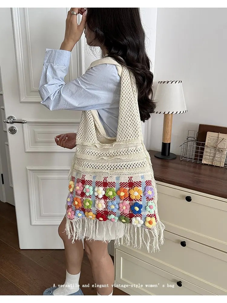 Women's Large Crochet Shoulder Tote Bag For Casual Daily Use School Commute