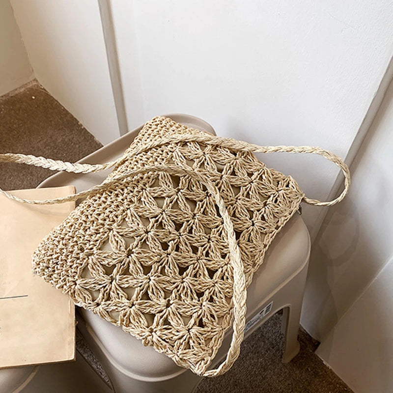 Women Beach Woven Straw Shoulder Messenger Bag Boho Crossbody Macrame Purse