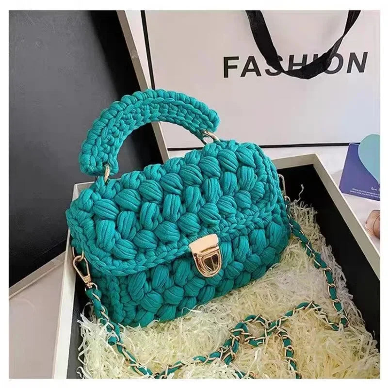 Sac à main tricoté DIY en corde tissée, sac bandoulière de créateur pour femmes avec chaîne