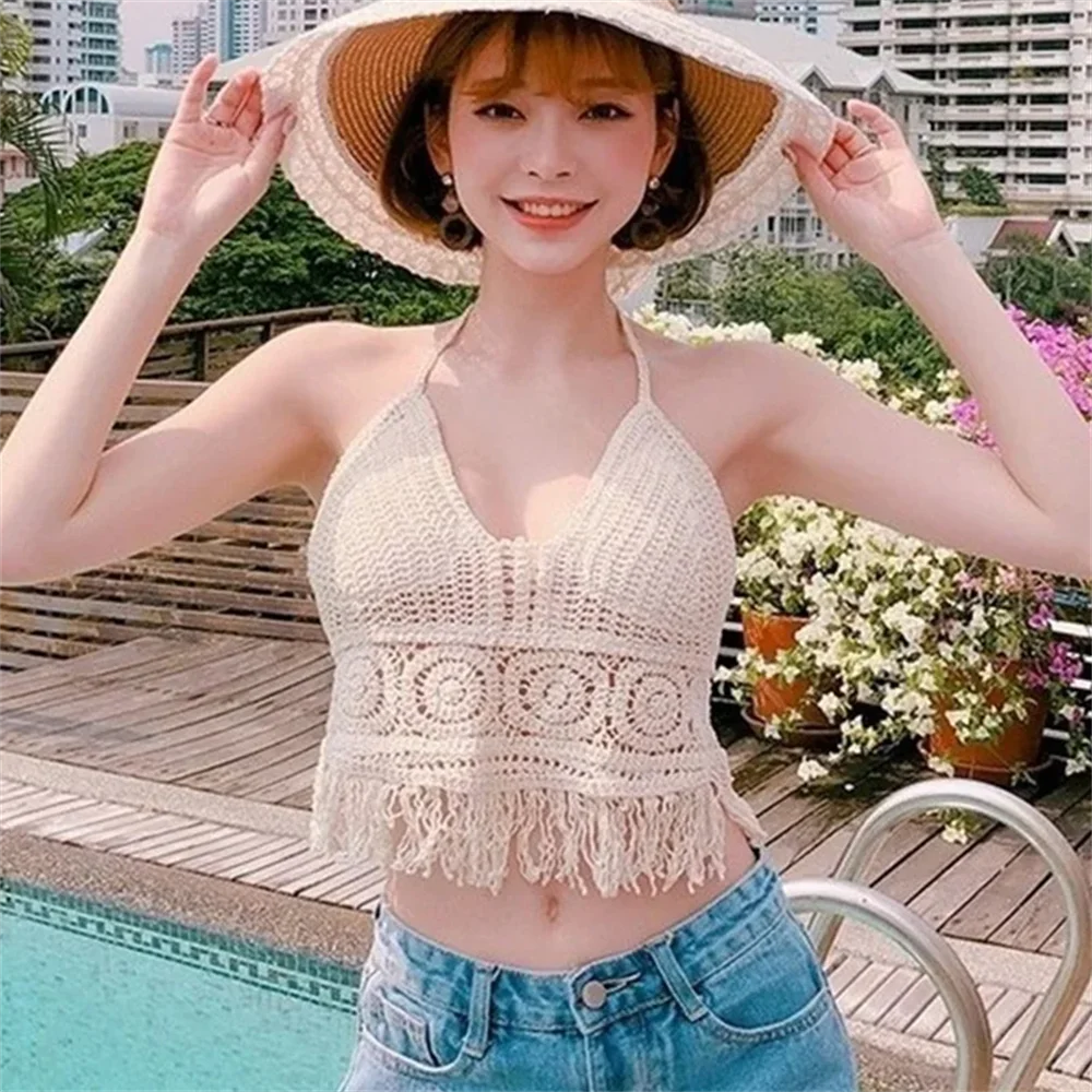Sexy Hollow Out Tank Top For Women Summer Beach Knit Bra Tassel Short Top