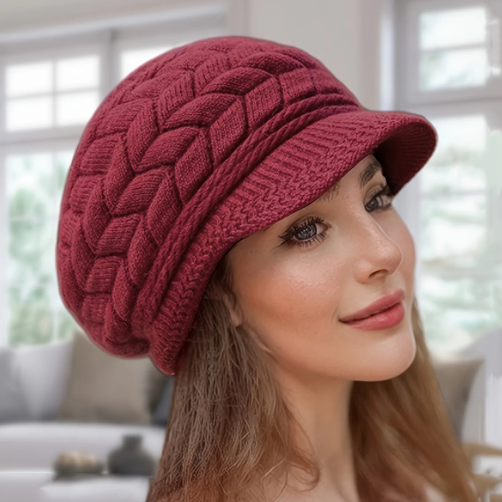 Bonnet en tricot d'hiver rétro pour femme avec visière pour la course à pied et le ski en extérieur
