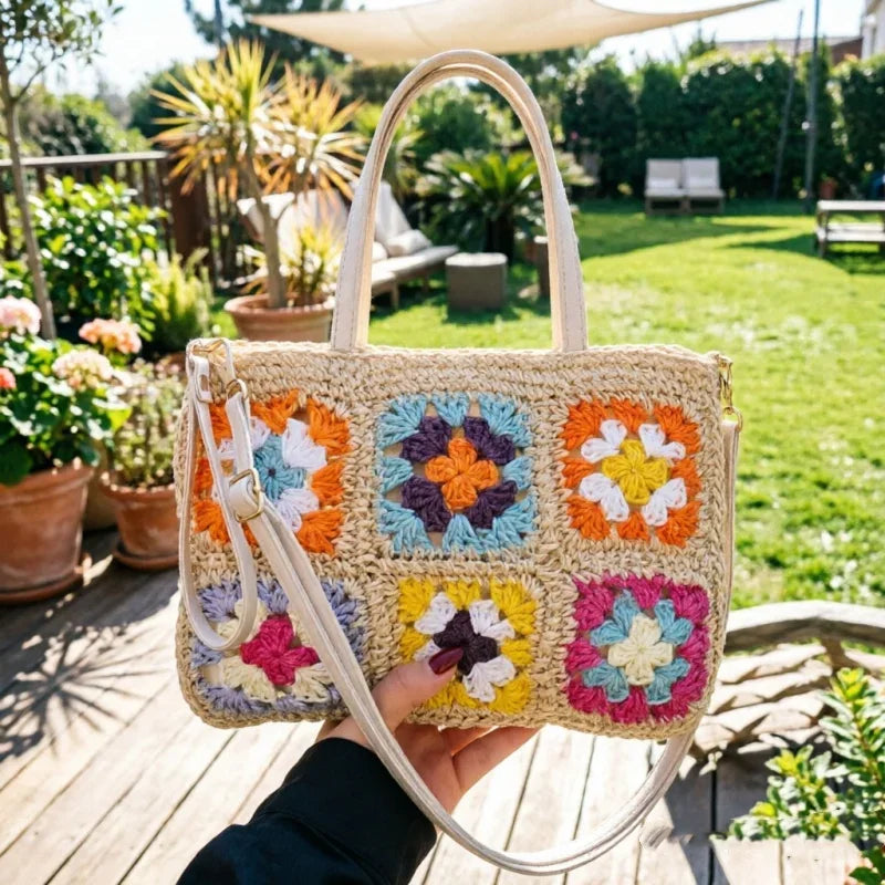 Summer Handmade Crochet Bag Retro Flower Paper Rope Crossbody Shoulder Bag