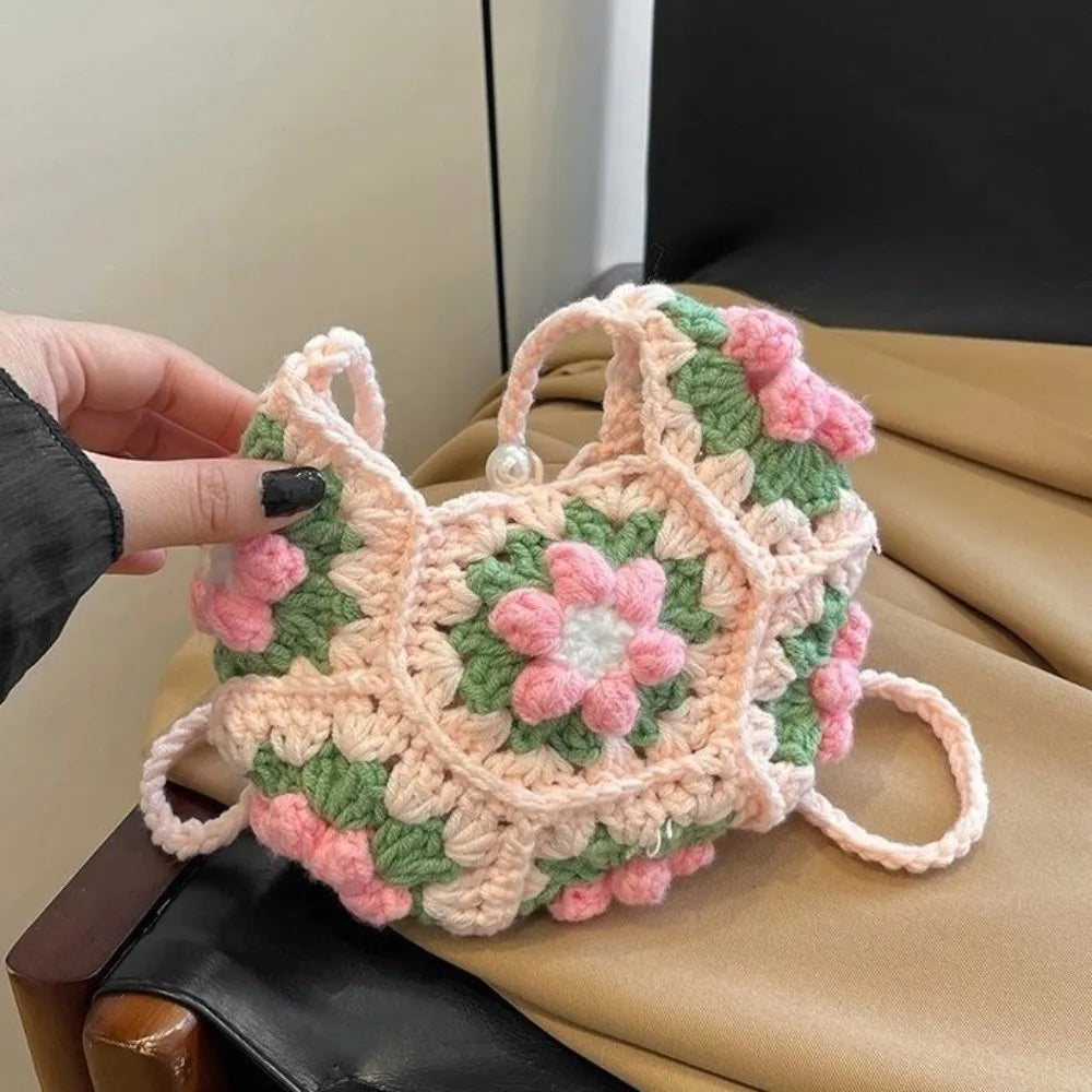 Sweet Handmade Crochet Crossbody Bag Flower Pattern Corduroy Shoulder Bag