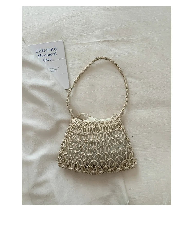 Hollow Beading Womens Shoulder Bag Rope Knitting Bohemian Crochet Mesh Tote Bag