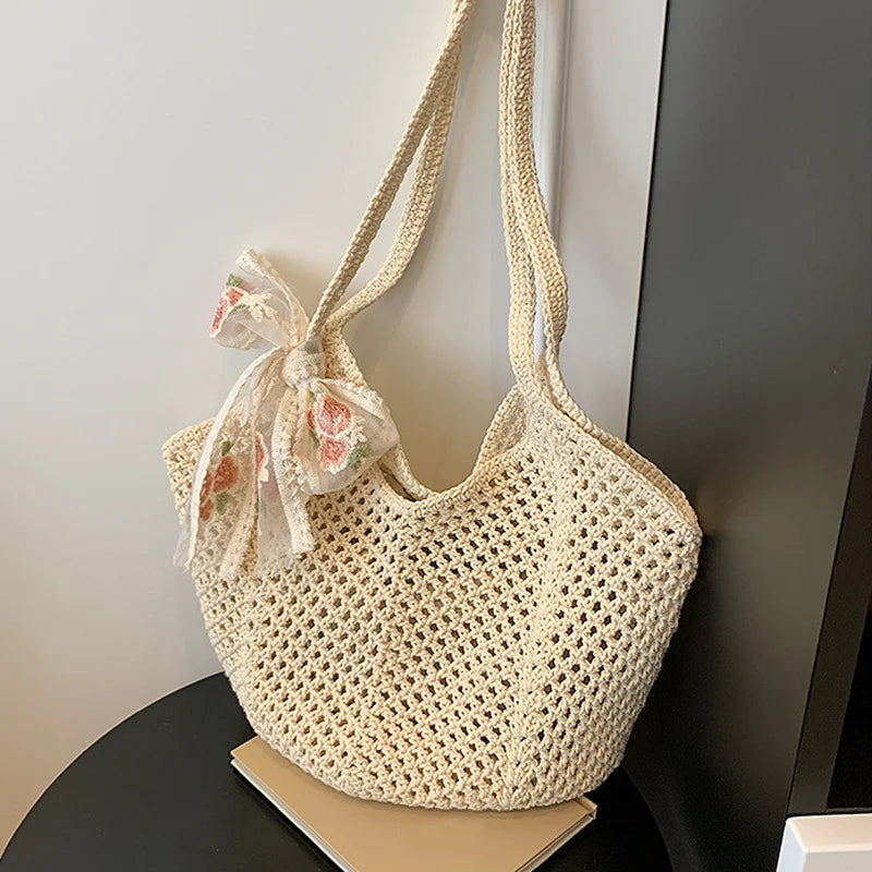 Summer Lace Bow Tote Bag For Women Raffia Rattan Crochet Shoulder Bag 2025