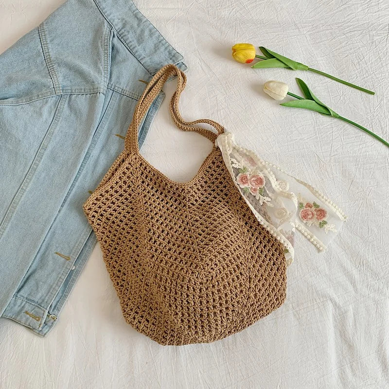 Summer Lace Bow Tote Bag For Women Raffia Rattan Crochet Shoulder Bag 2025