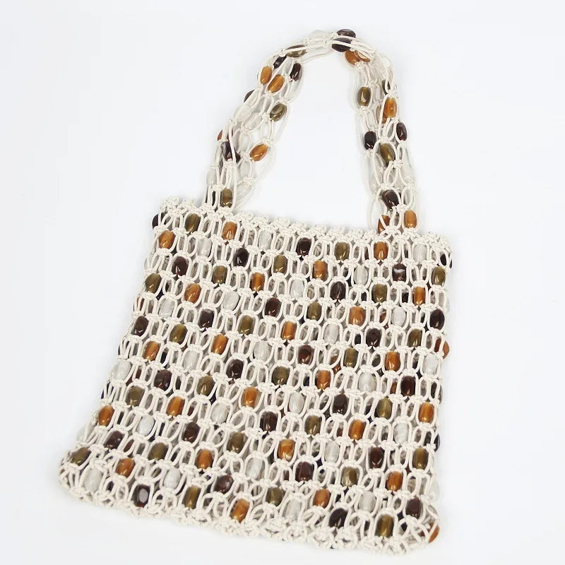 Bohemian Rope Crochet Women Bag Beading Beach Bag Handmade Woven Shoulder Bag