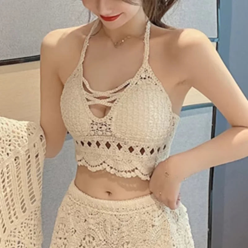 Crochet Bustier Beach Top HollowOut Adjustable Straps Padded Cups Y2K Swimwear