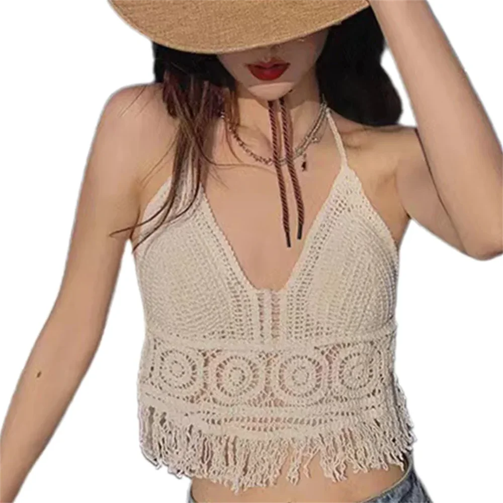 Sexy Hollow Out Tank Top For Women Summer Beach Knit Bra Tassel Short Top