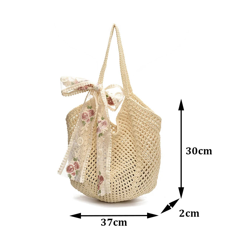 Summer Lace Bow Tote Bag For Women Raffia Rattan Crochet Shoulder Bag 2025