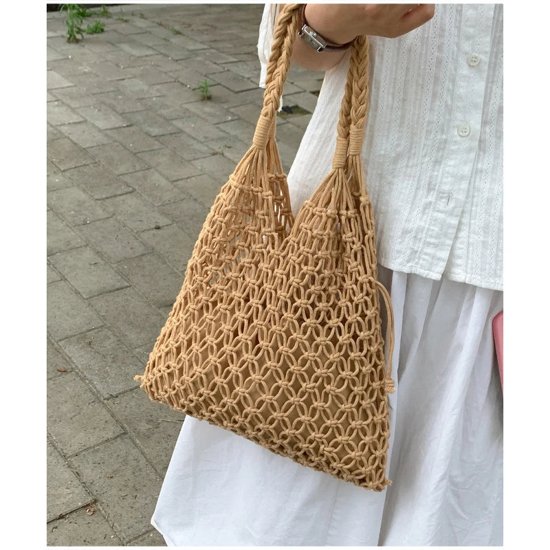 Hollow Crochet Mesh Shoulder Bag With Inner Pocket Women Solid Color Tote Bag