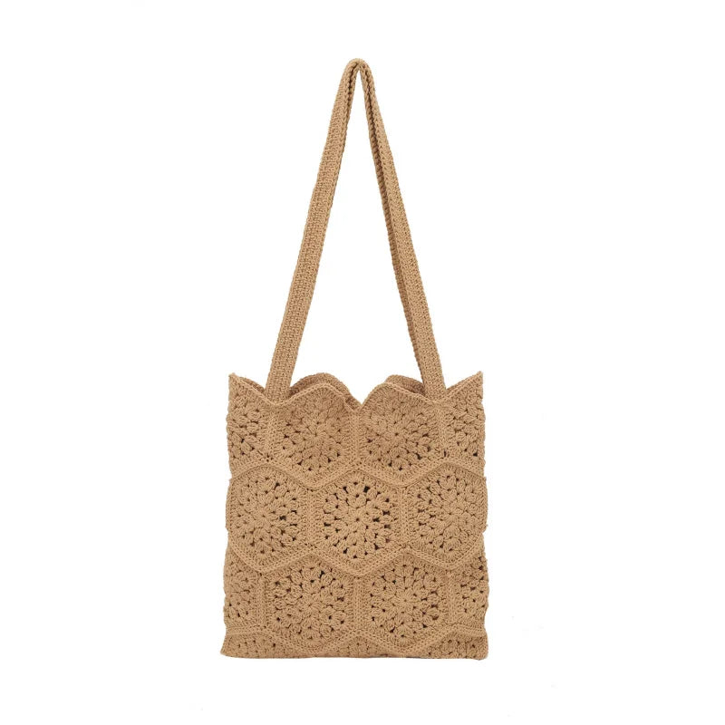 Handmade Cotton Thread Woven Granny Square Shoulder Bag Large Capacity For Women