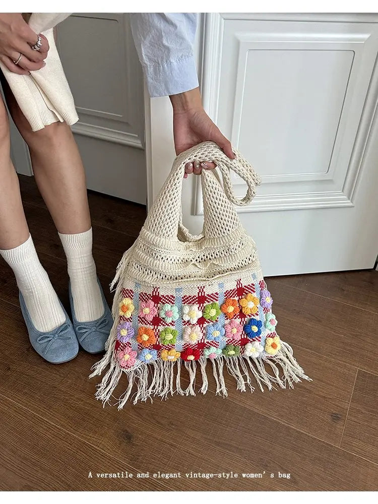 Women's Large Crochet Shoulder Tote Bag For Casual Daily Use School Commute