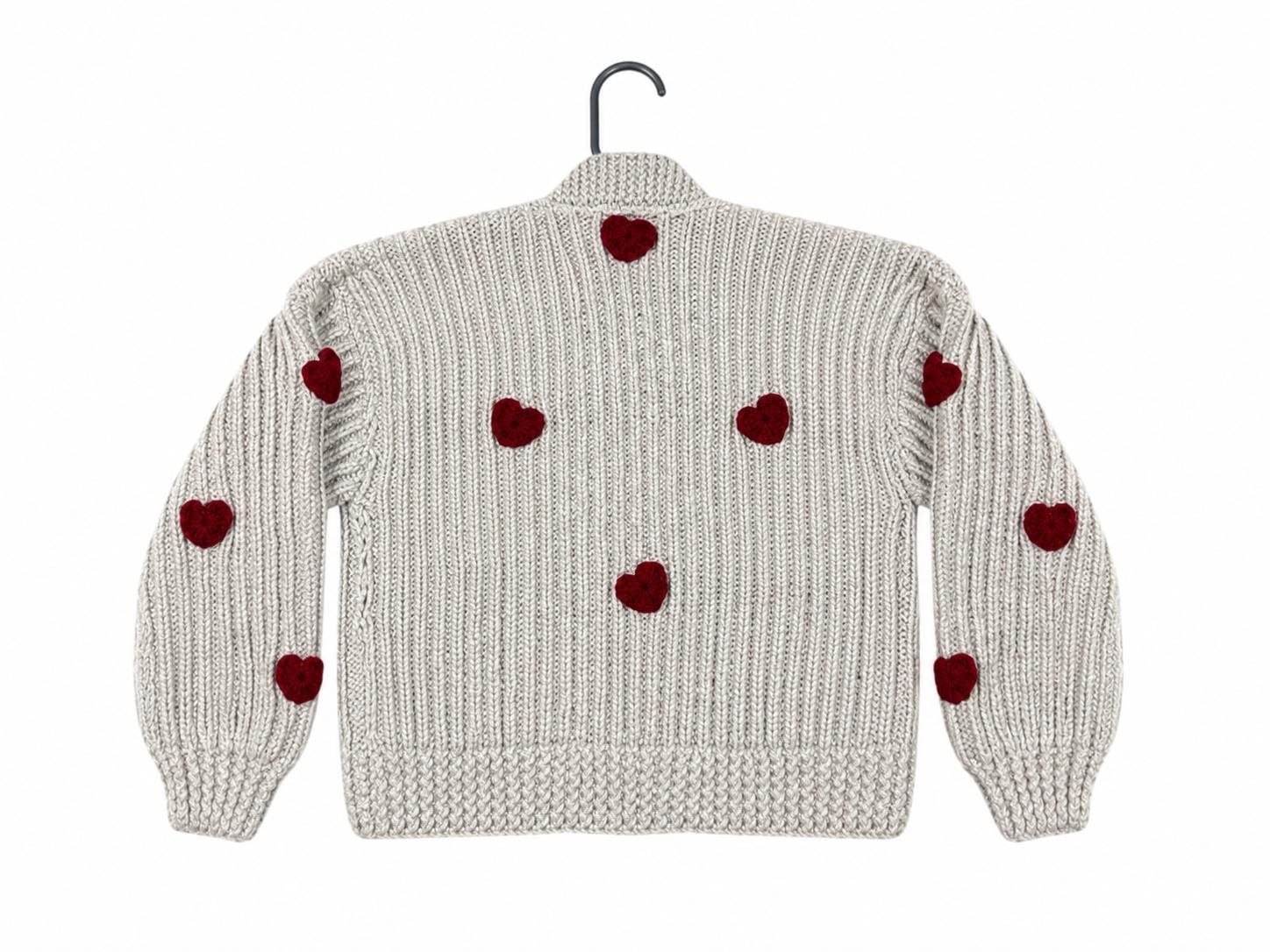 Stitch-by-Stitch Handmade Beige Chunky Knit Cardigan, Red Crochet Hearts, V-Neck Button-Up Sweater + 2 Free Gifts