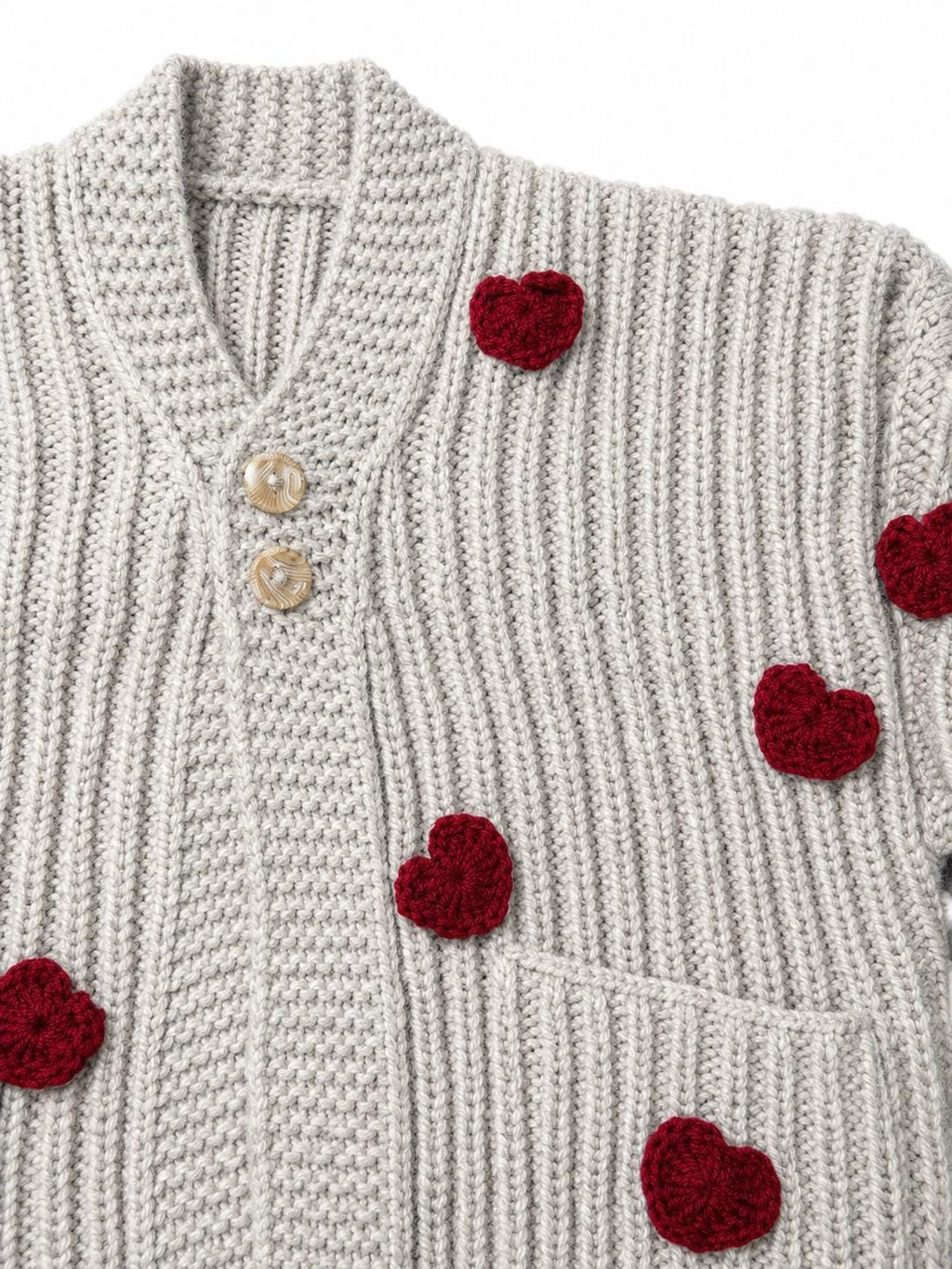Stitch-by-Stitch Handmade Beige Chunky Knit Cardigan, Red Crochet Hearts, V-Neck Button-Up Sweater + 2 Free Gifts