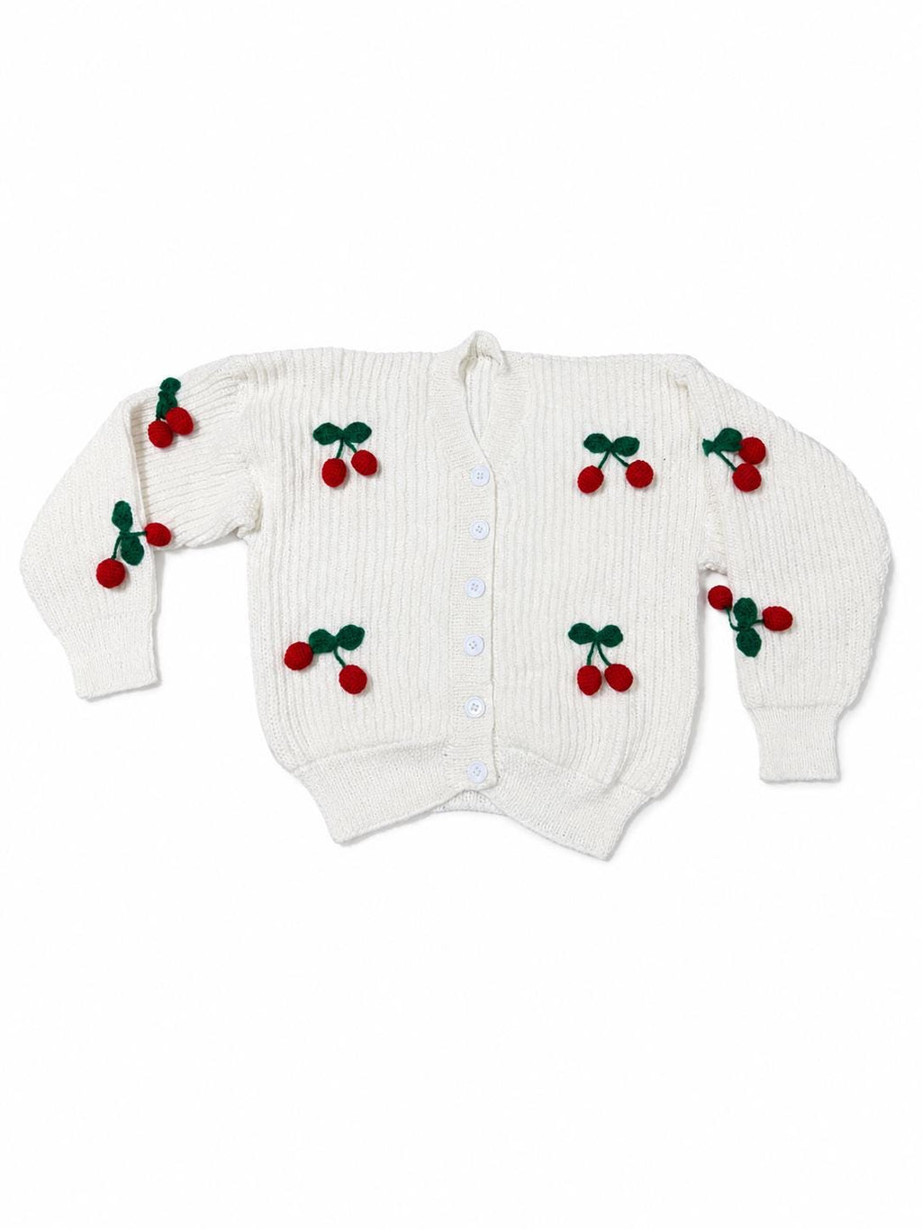 Stitch-by-Stitch Handmade Ivory Knit Cardigan, 3D Crochet Cherries, V-Neck Button-Up Sweater + 2 Free Gifts