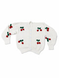 Stitch-by-Stitch Handmade Ivory Knit Cardigan, 3D Crochet Cherries, V-Neck Button-Up Sweater + 2 Free Gifts