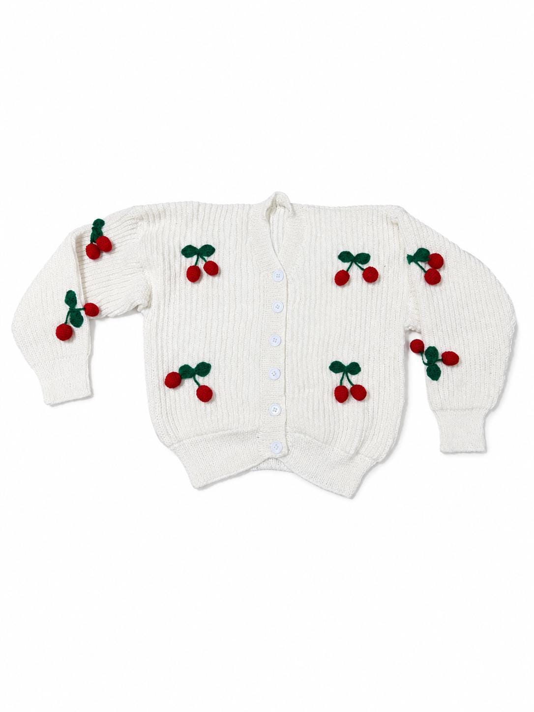 Stitch-by-Stitch Handmade Ivory Knit Cardigan, 3D Crochet Cherries, V-Neck Button-Up Sweater + 2 Free Gifts