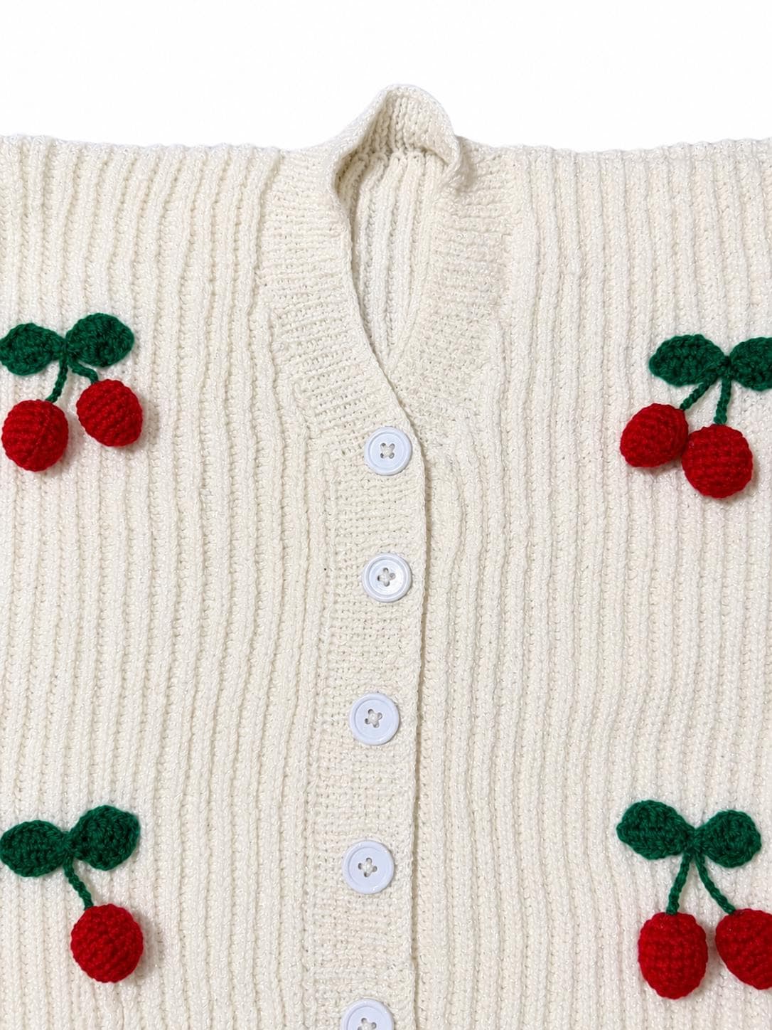 Stitch-by-Stitch Handmade Ivory Knit Cardigan, 3D Crochet Cherries, V-Neck Button-Up Sweater + 2 Free Gifts