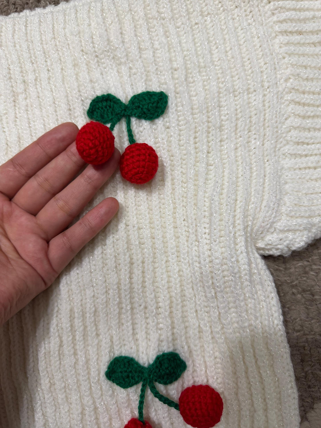 Stitch-by-Stitch Handmade Ivory Knit Cardigan, 3D Crochet Cherries, V-Neck Button-Up Sweater + 2 Free Gifts