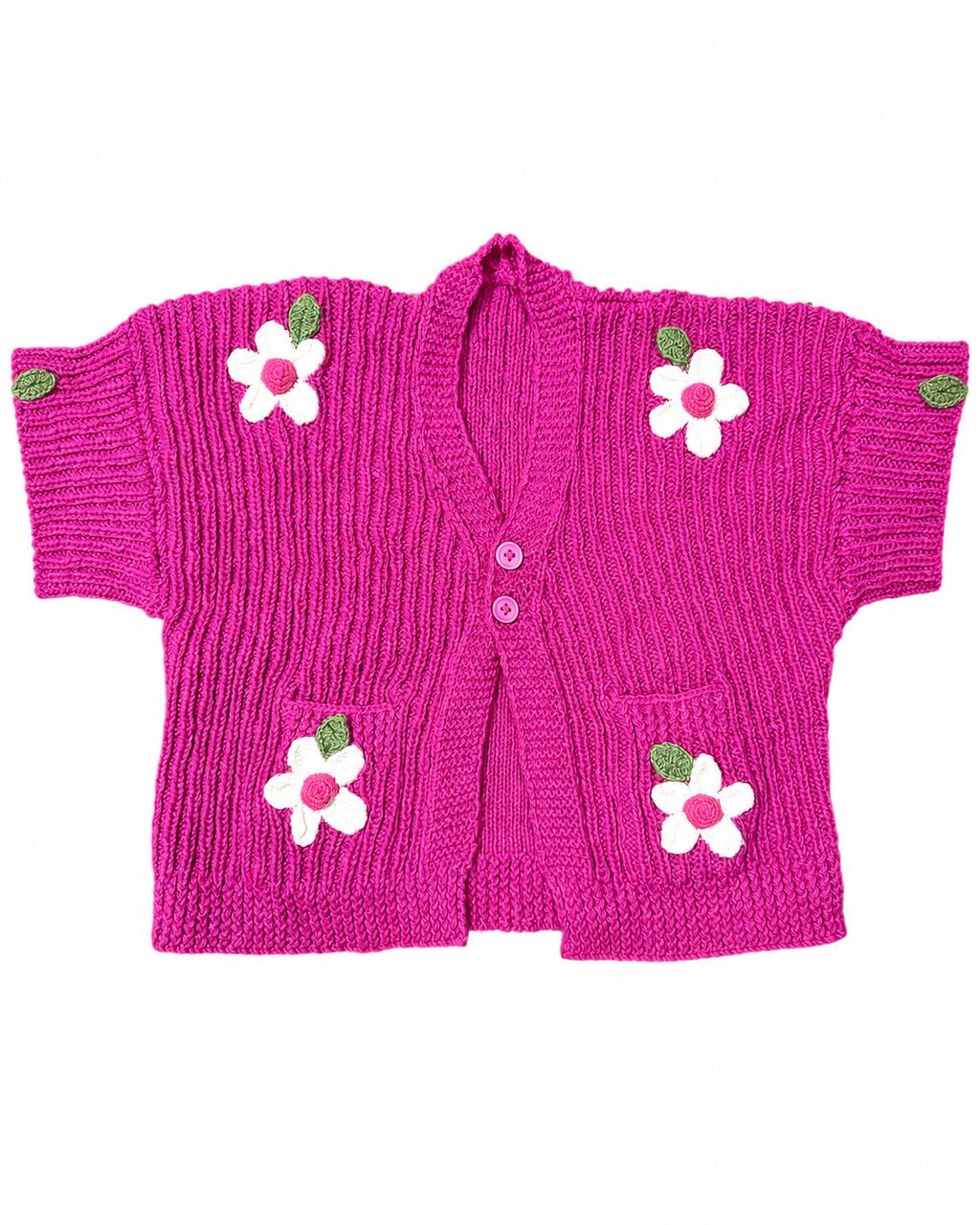 Stitch-by-Stitch Handmade Pink Floral Cardigan, Chunky Knit Button-Up Sweater, Adult Medium + 2 Free Gifts