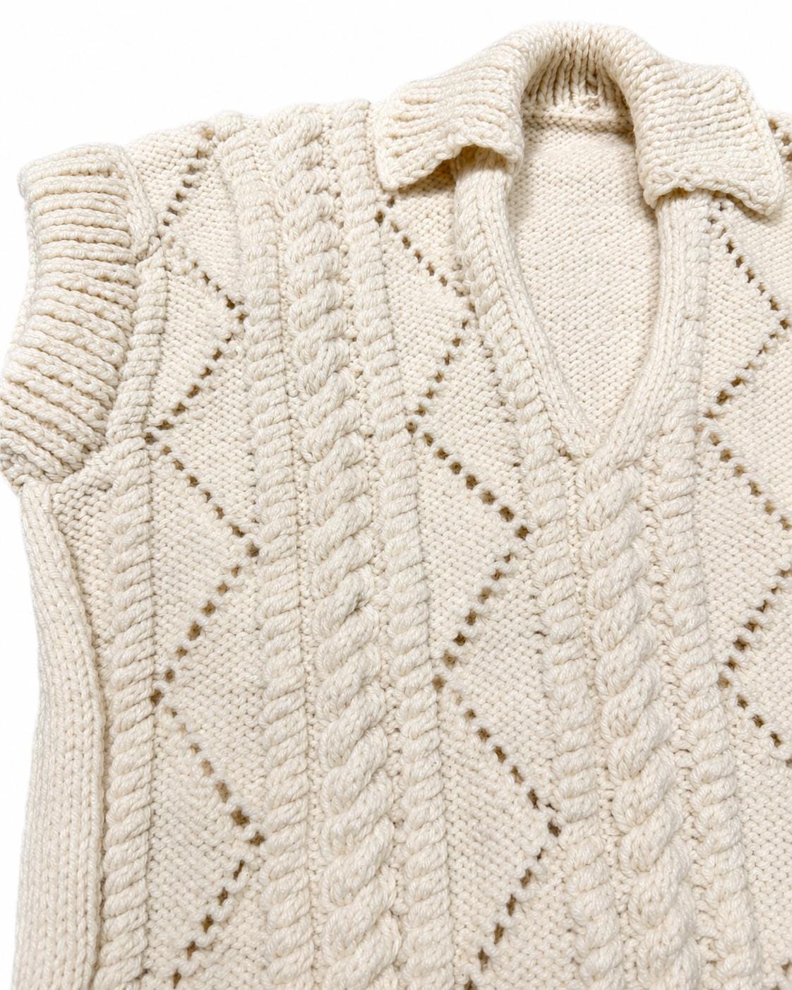 Stitch-by-Stitch Handmade Cream Cable Knit Sweater Vest, Collared V-Neck Sleeveless Pullover, Adult Small/Medium + 2 Free Gifts