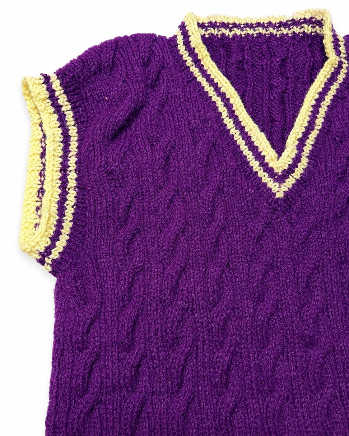 Stitch-by-Stitch Handmade Purple Cable Knit Sweater Vest, Yellow Trim V-Neck Petite XS + 2 Free Gifts