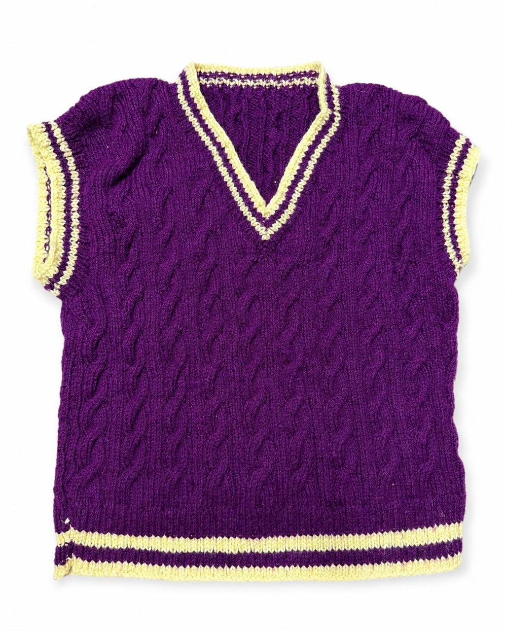 Stitch-by-Stitch Handmade Purple Cable Knit Sweater Vest, Yellow Trim V-Neck Petite XS + 2 Free Gifts