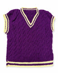 Stitch-by-Stitch Handmade Purple Cable Knit Sweater Vest, Yellow Trim V-Neck Petite XS + 2 Free Gifts