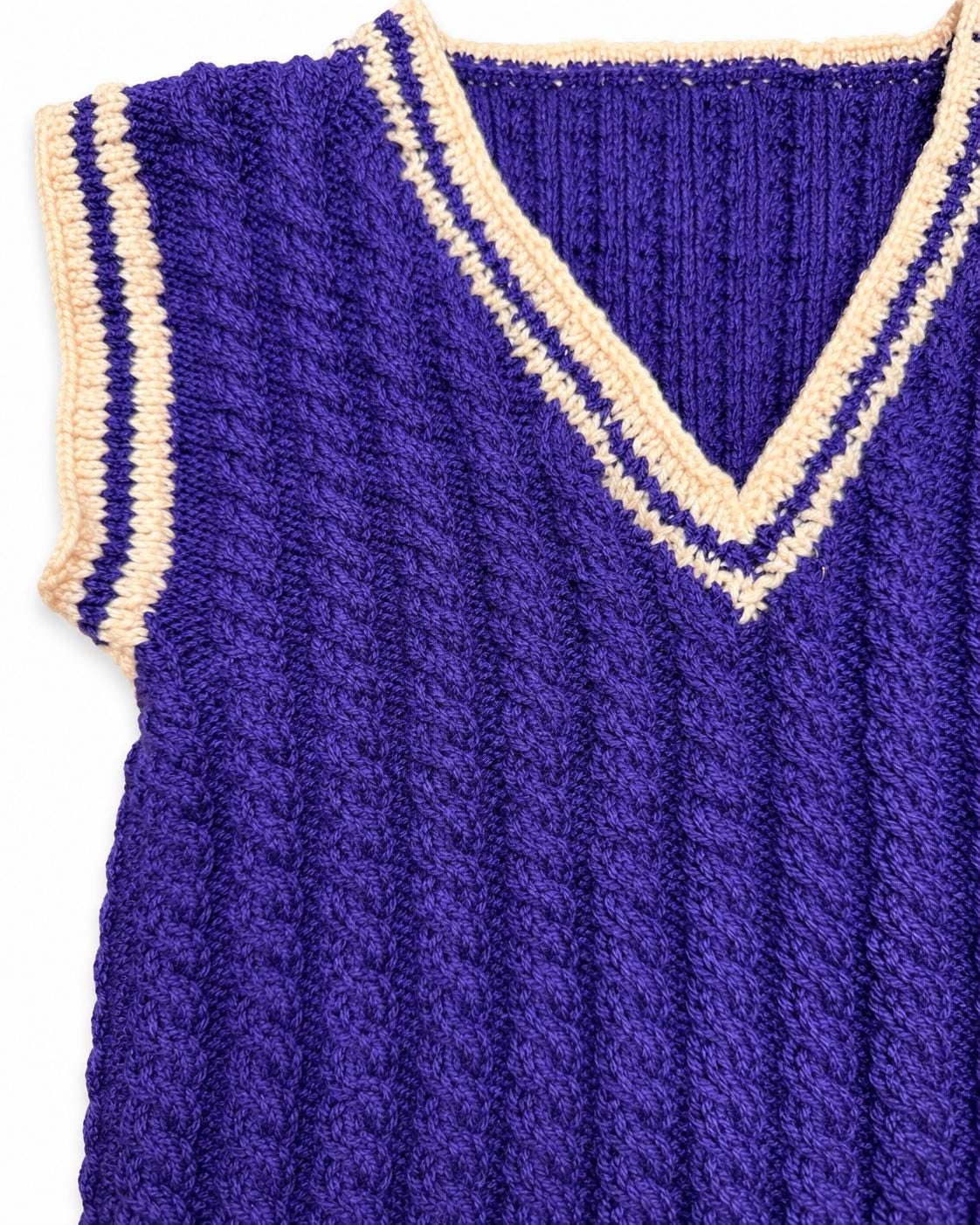 Stitch-by-Stitch Handmade Purple Cable Knit Sweater Vest, Peach Trim V-Neck + 2 Free Gifts