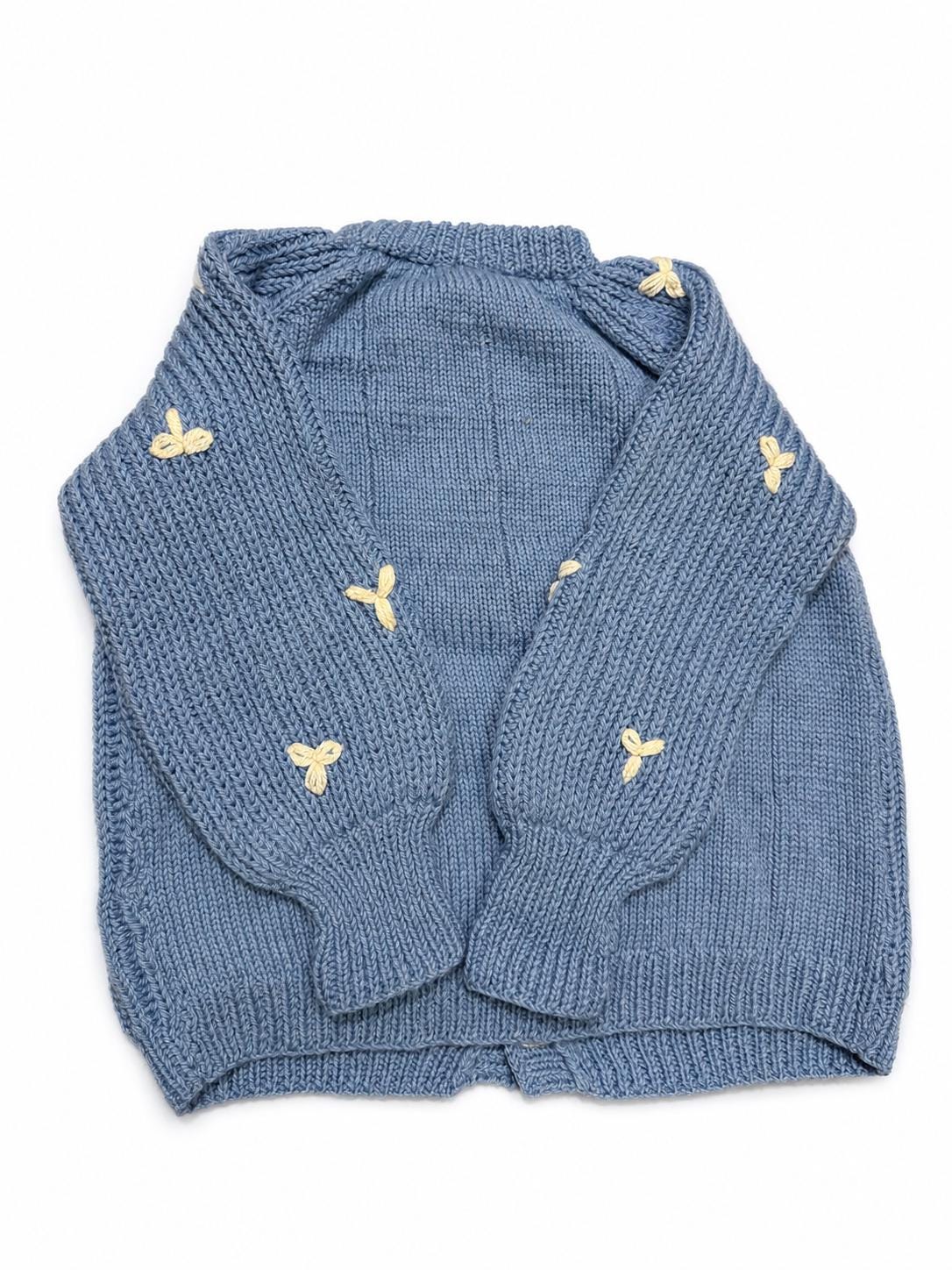 Stitch-by-Stitch Handmade Blue Knit Cardigan, Cream Leaf Balloon Sleeve Sweater + 2 Free Gifts