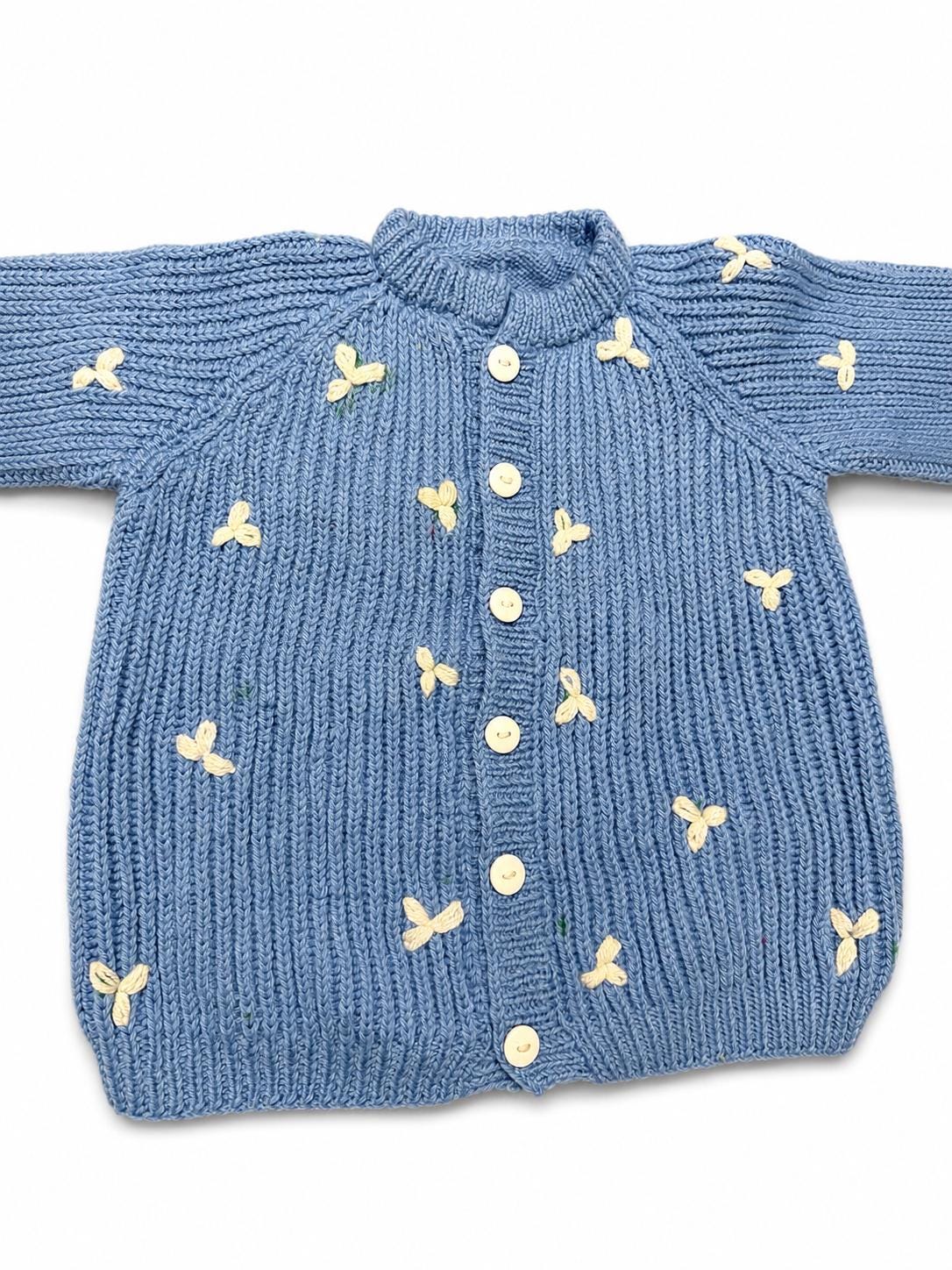 Stitch-by-Stitch Handmade Blue Knit Cardigan, Cream Leaf Balloon Sleeve Sweater + 2 Free Gifts