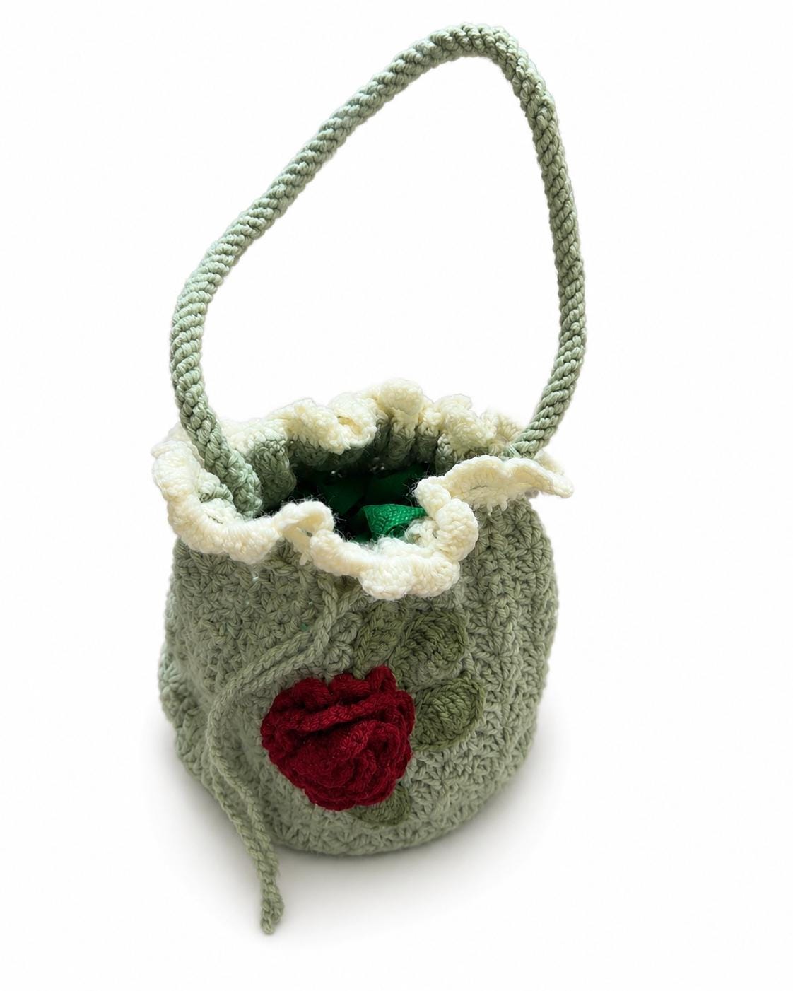 Stitch-by-Stitch Handmade Crochet Drawstring Bag, Floral Mini Bucket Purse + 2 Free Gifts