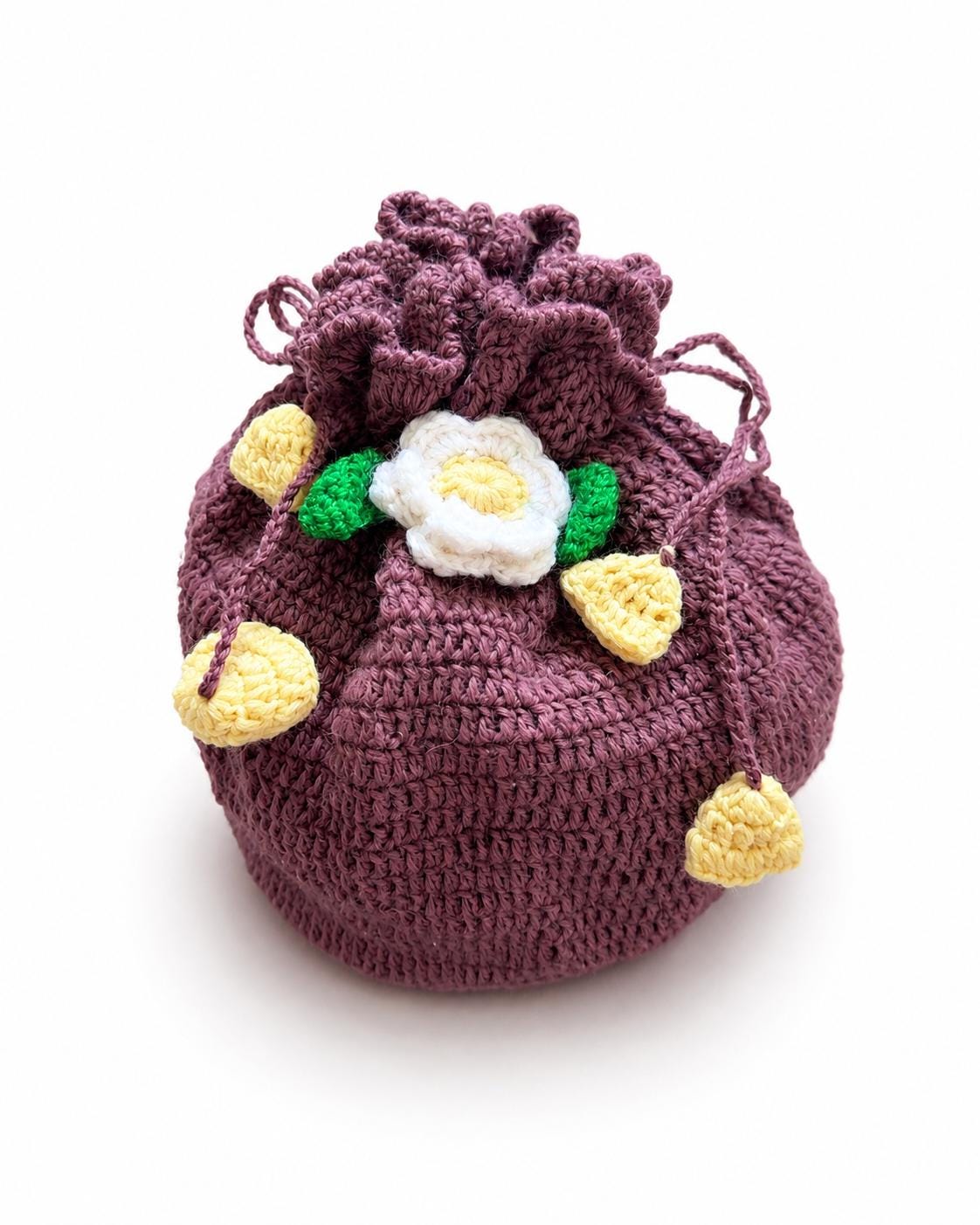 Stitch-by-Stitch Handmade Crochet Drawstring Bag, Floral Mini Bucket Purse + 2 Free Gifts