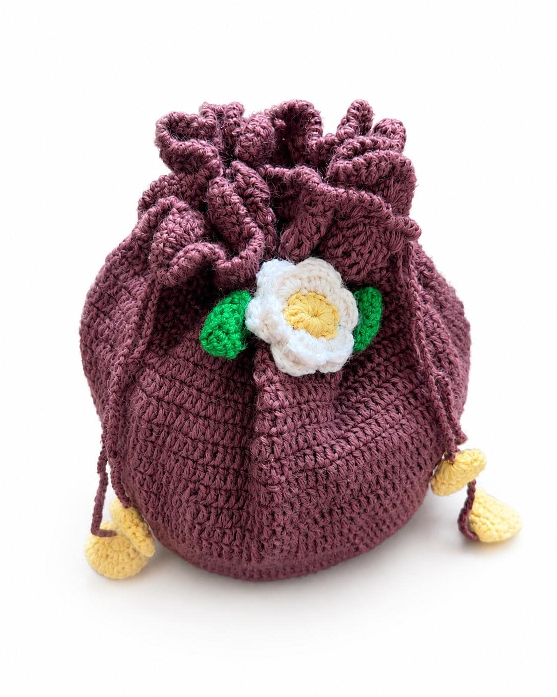 Stitch-by-Stitch Handmade Crochet Drawstring Bag, Floral Mini Bucket Purse + 2 Free Gifts