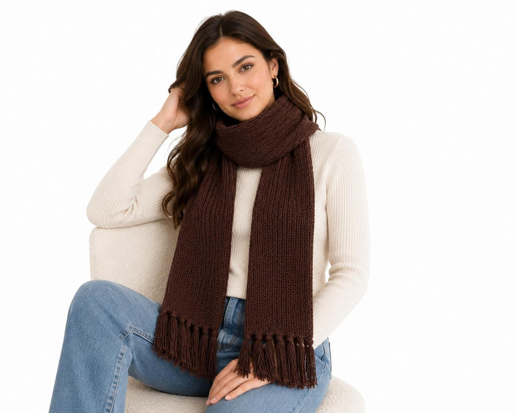 Stitch-by-Stitch Handmade Brown Crochet Scarf, Textured Fringe Winter Wrap + 2 Free Gifts