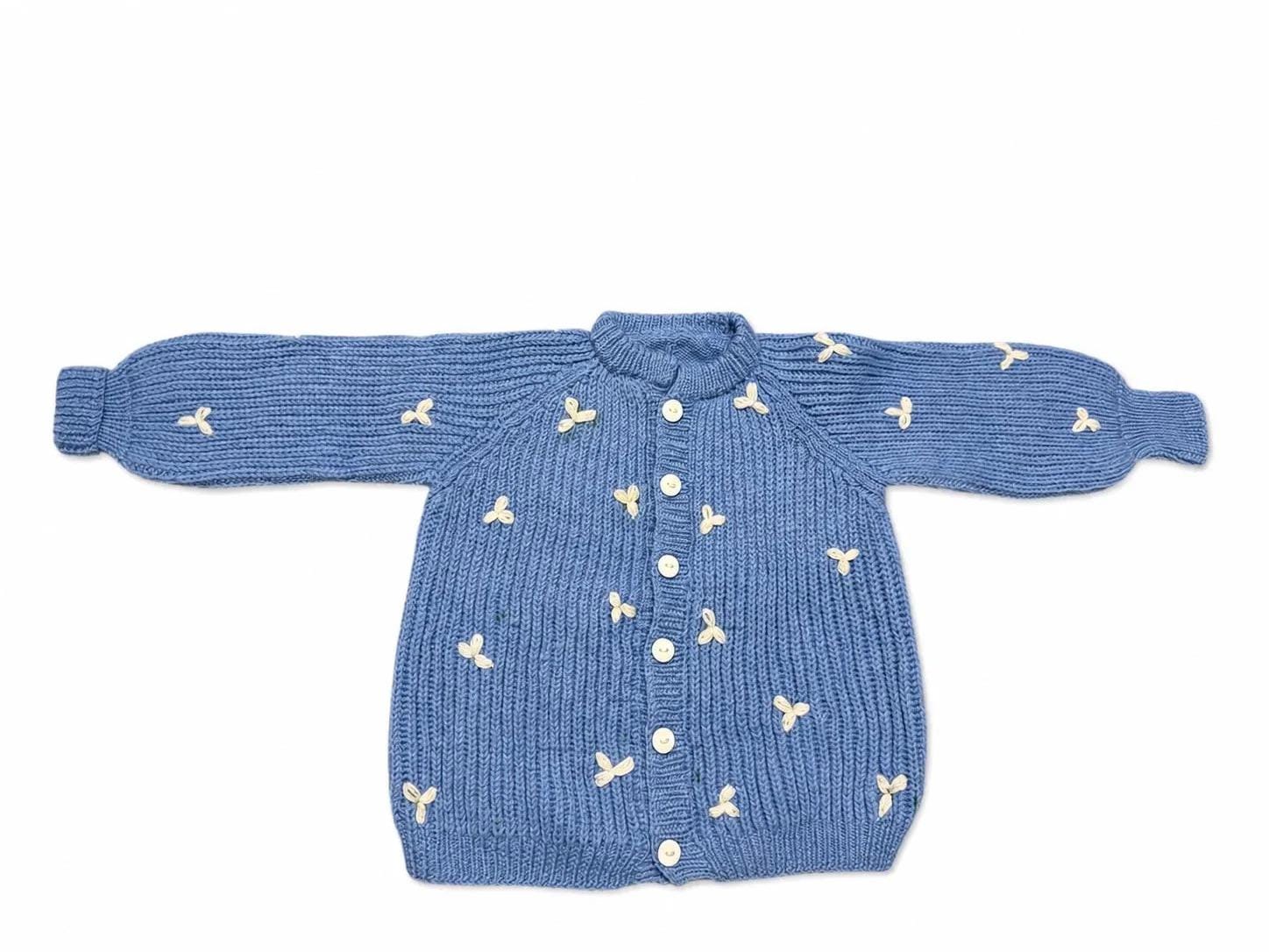 Stitch-by-Stitch Handmade Blue Knit Cardigan, Cream Leaf Balloon Sleeve Sweater + 2 Free Gifts